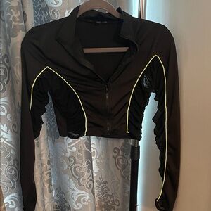 Fashion Nova Black Cropped Jacket with Neon Yellow Piping